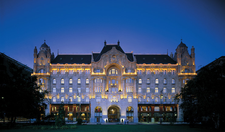 Four Seasons Gresham Palace Hungary facade building lit up at night