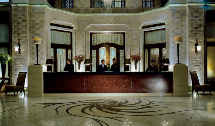 Four Seasons Gresham Palace Hungary lobby mosaic floors reception desk
