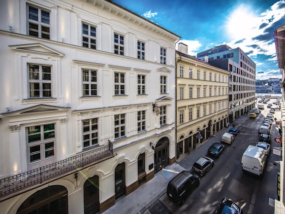 Prestige Hotel Budapest exterior street view of large white building with balcony