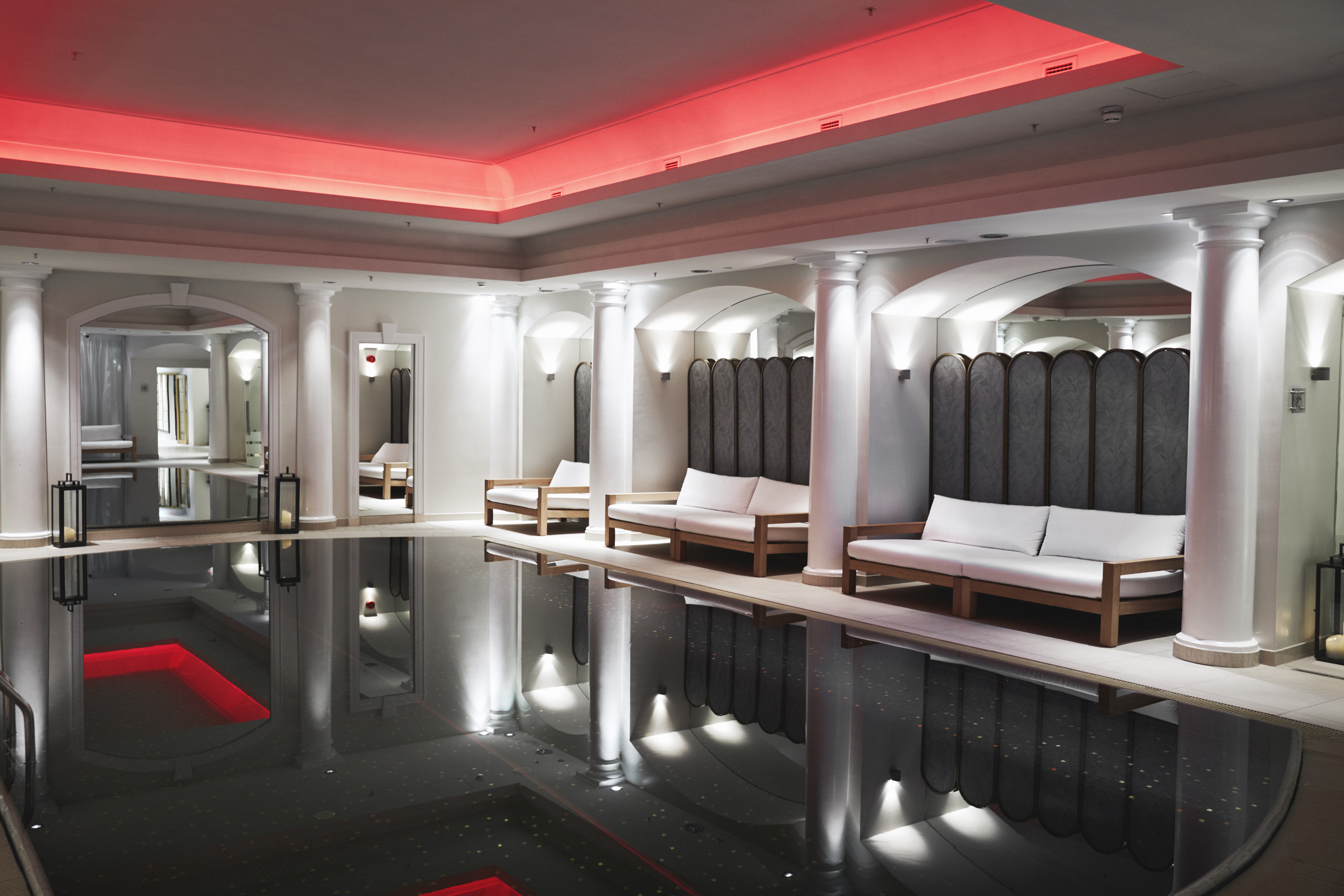 Britannia Hotel indoor pool with red lights in ceiling