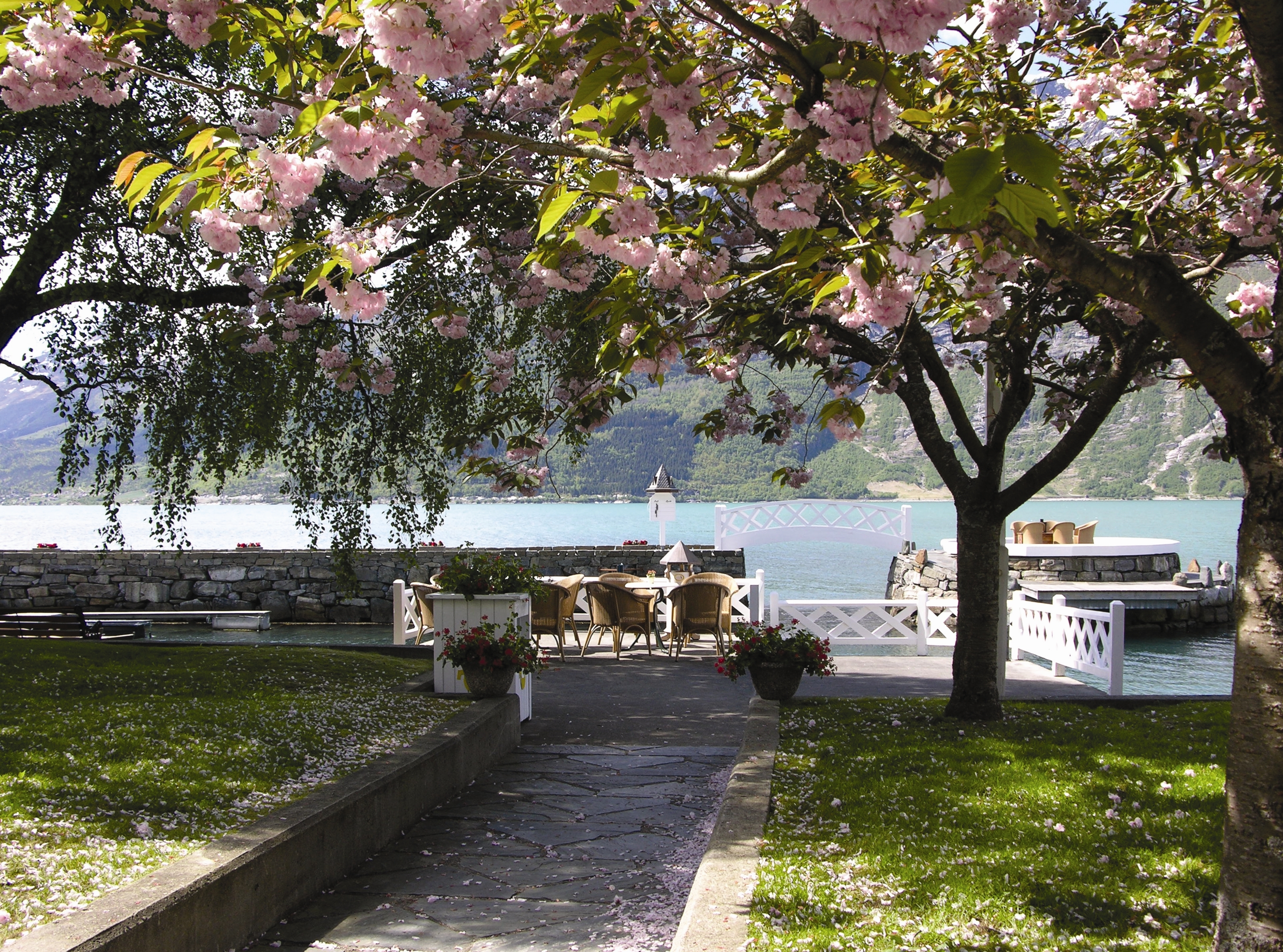 Hotel Ullensvang Norway garden by water with blossom on tree