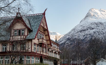 hotel union oye norway half timbered house with snowy mountain