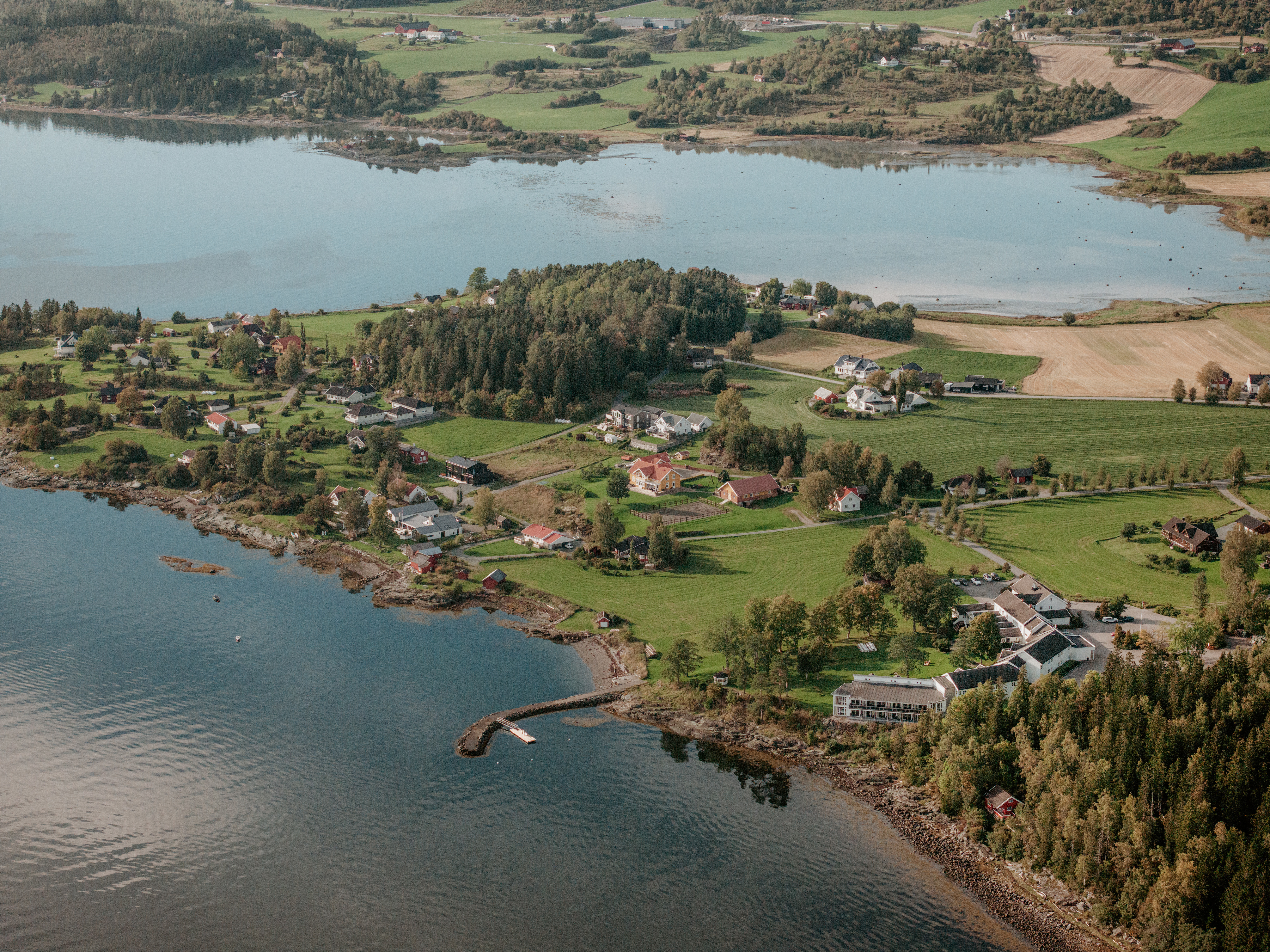 Jegtvolden Fjordhotell aerial view looking over fjord and countryside