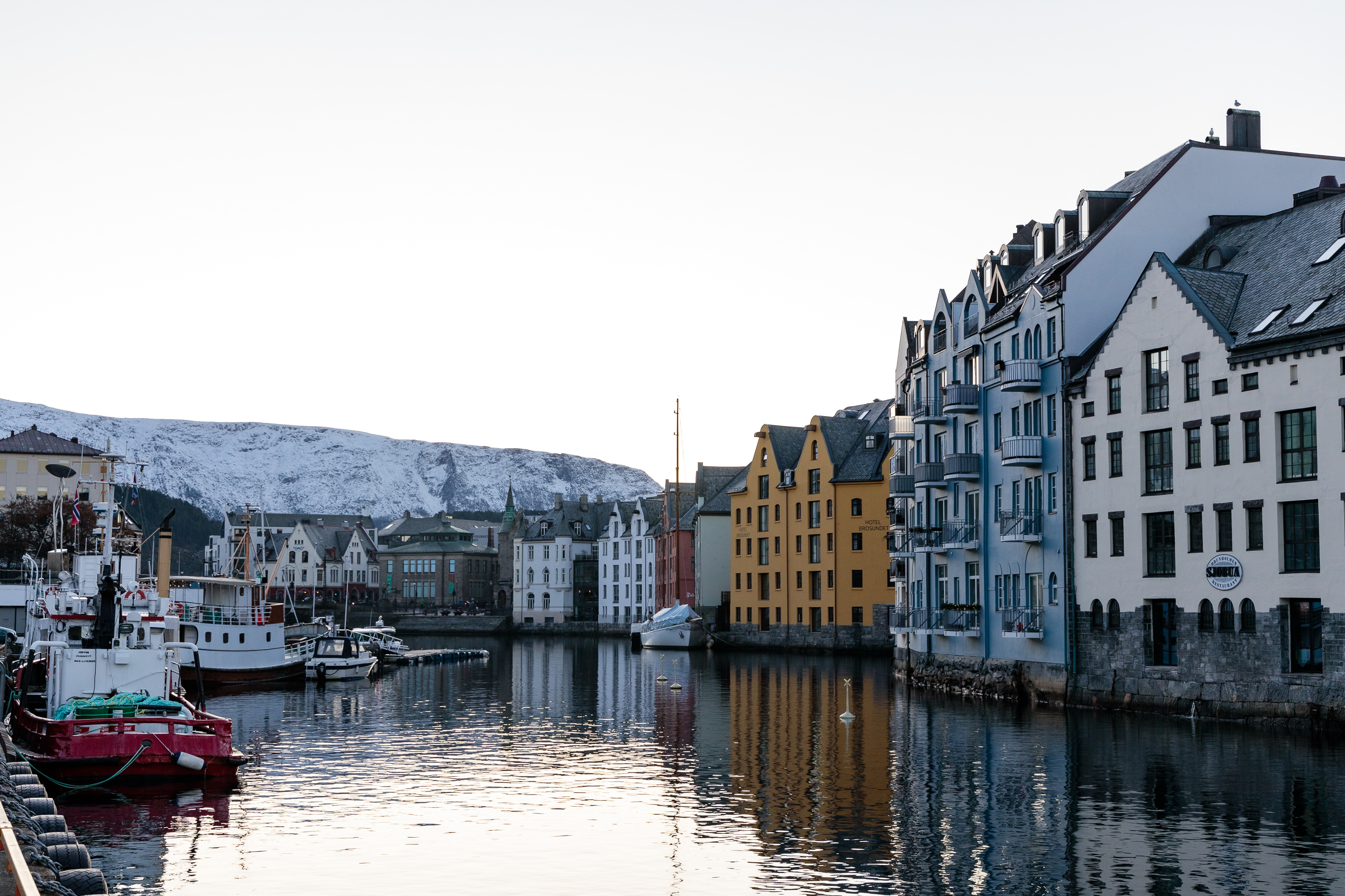 Alesund waterfront with old warehouses in different colours