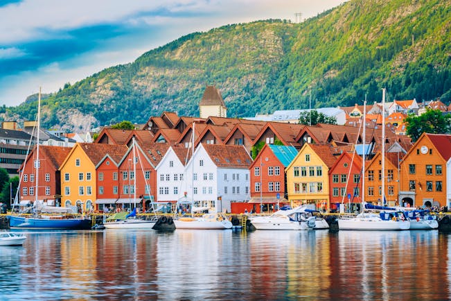 Waterfront Bergen with tall warehouses of different colours