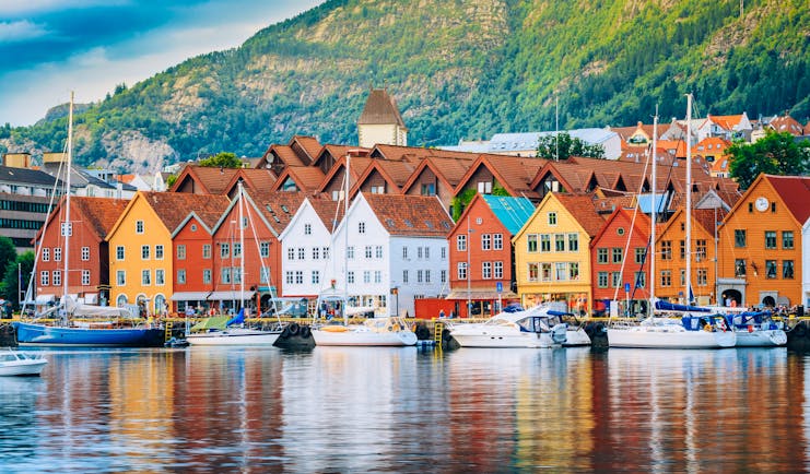 Waterfront Bergen with tall warehouses of different colours
