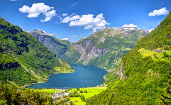 Geirangerfjord with pastures, mountains and tree-clad slopes