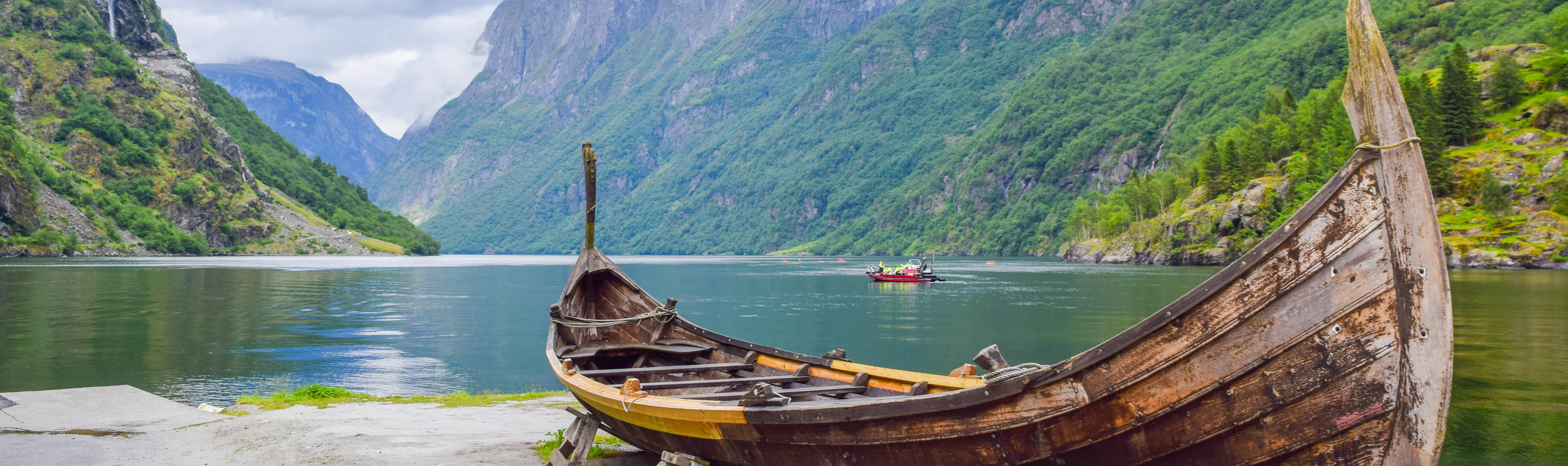 Viking boat on fjord at Gudvangen