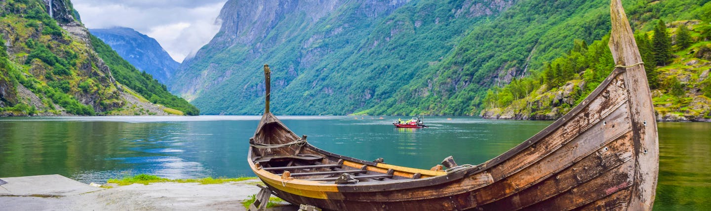 Viking boat on fjord at Gudvangen