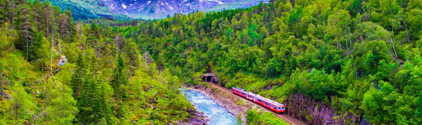 Red train in mountains from Oslo to Bergen