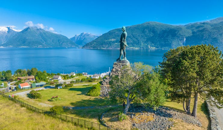 Viking statue on edge of Norwegian fjord