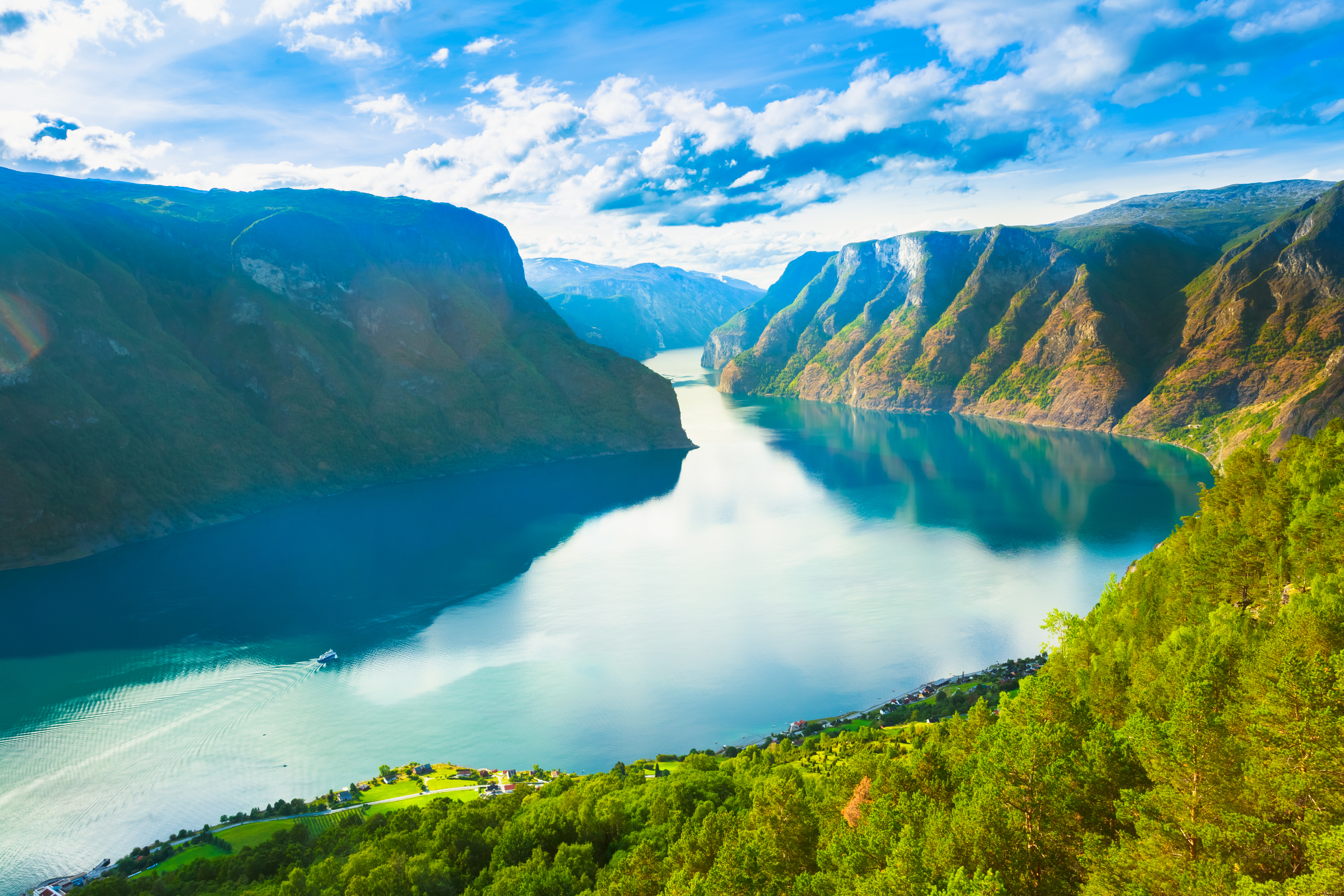 Wide and long fjord with tree clad sides Sognefjord