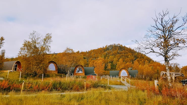 Snowhotel Kirkenes wooden cabins in yellow and orange autumn scenery