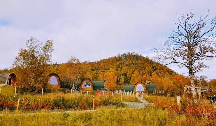 Snowhotel Kirkenes wooden cabins in yellow and orange autumn scenery