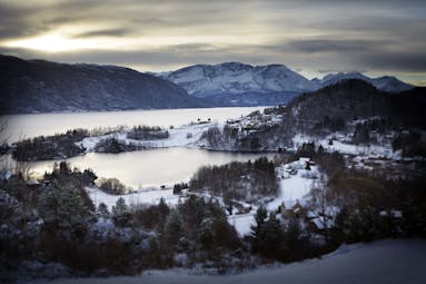 Storfjord Hotel view of snowy hills and lakes