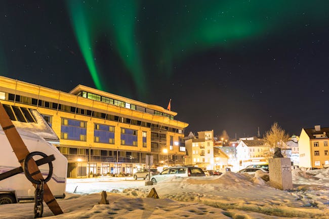 Thon Hotel Harstad snow scene outside the modern hotel building