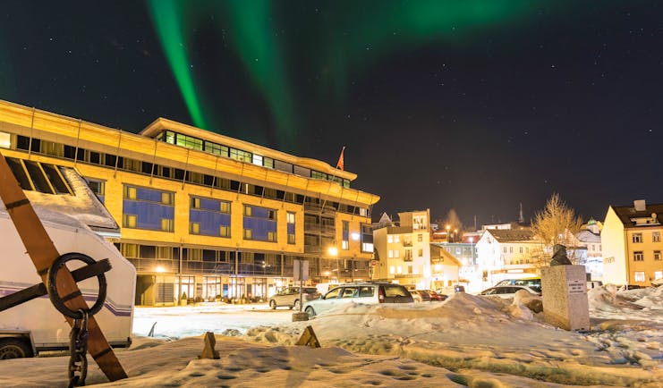 Thon Hotel Harstad snow scene outside the modern hotel building