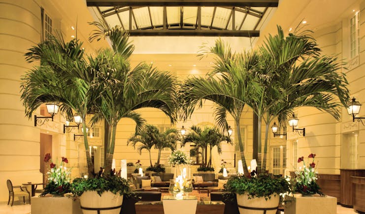 Polonia Palace Hotel grand hotel lobby with large palm trees in the centre, a high ceiling and chairs scattered around 