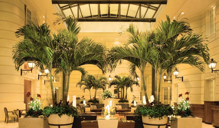 Polonia Palace Hotel grand hotel lobby with large palm trees in the centre, a high ceiling and chairs scattered around