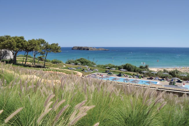 View of the beach club long blue pool behind blades of green grass and overlooking the sandy beach and ocean
