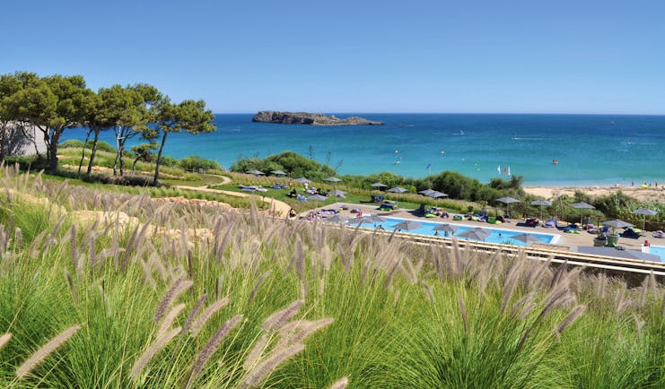 View of the beach club long blue pool behind blades of green grass and overlooking the sandy beach and ocean