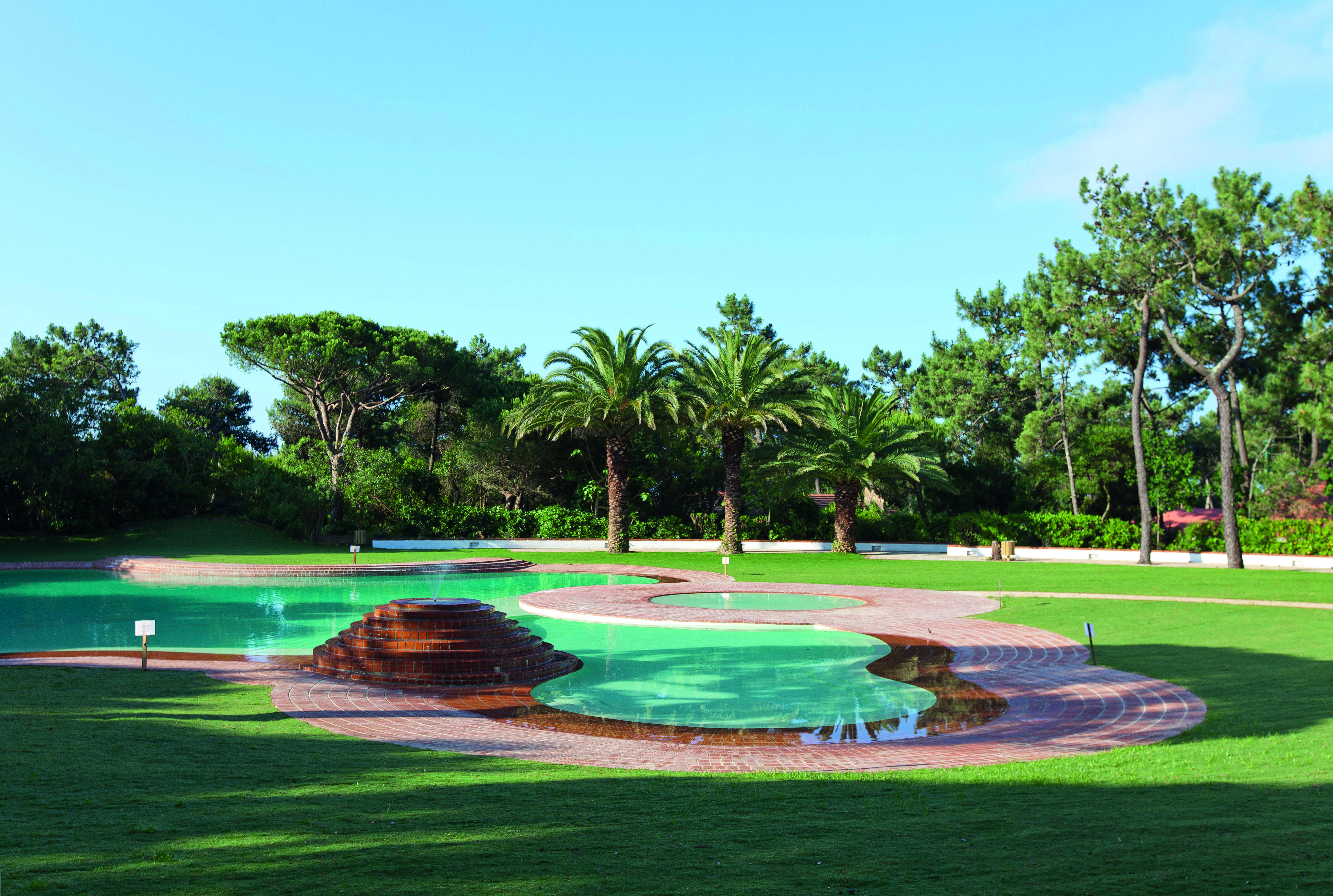 Martinhal Cascais Portugal outdoor pool in lawned area with palm trees
