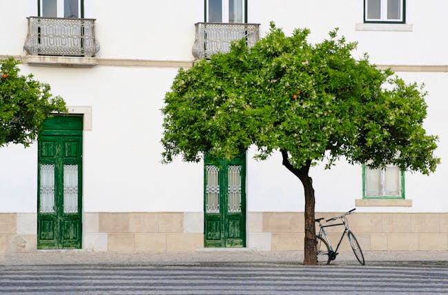 Vila Real de Santo Antonio in Portugal, shot of street, bike propped against a tree, white buildings, green doors