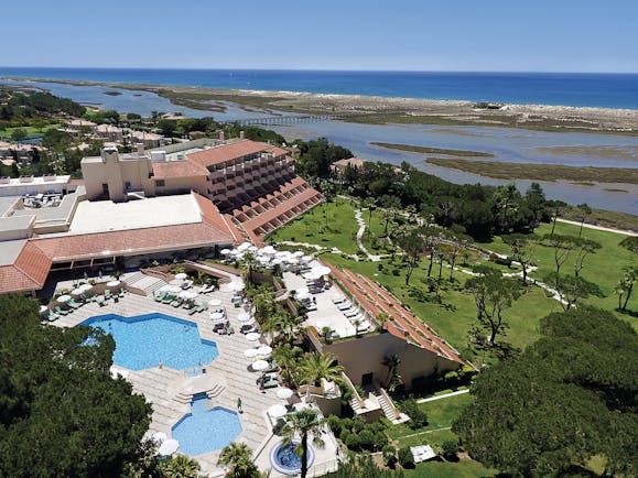 Quinta do Lago Portugal aerial exterior view of a large hotel building with outdoor pools 