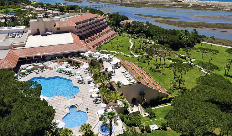 Quinta do Lago Portugal aerial exterior view of a large hotel building with outdoor pools 