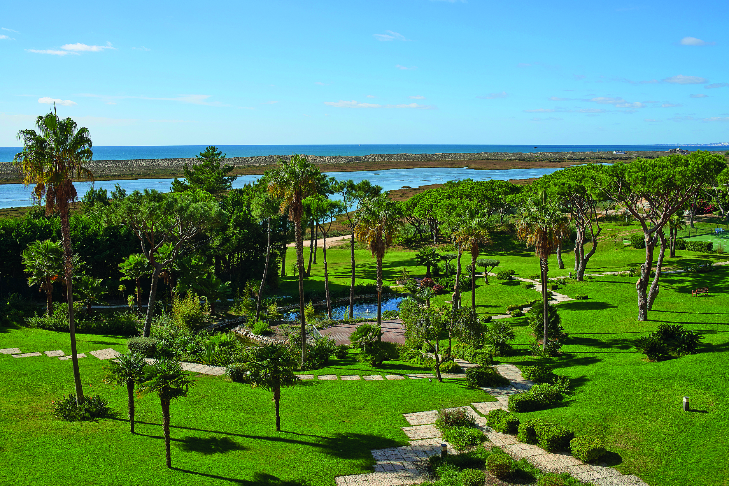 Quinta do Lago Portugal gardens aerial view of lawns and lake 