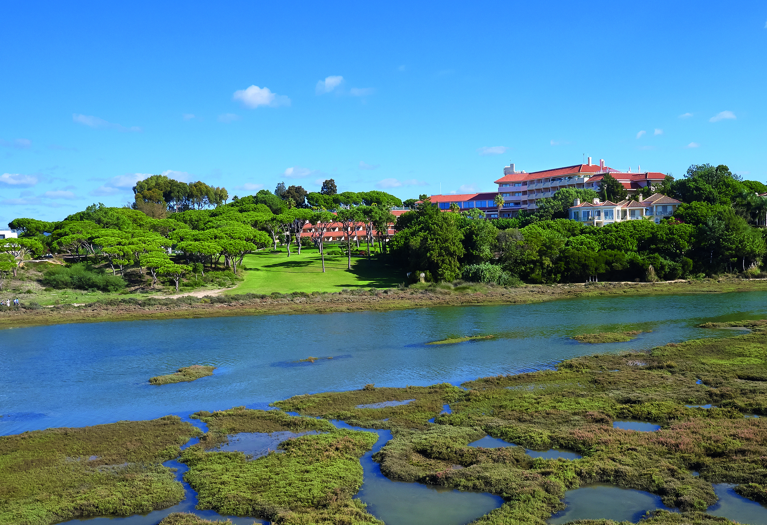 Quinta do Lago Portugal lagoon view of the hotel and grounds across a lagoon