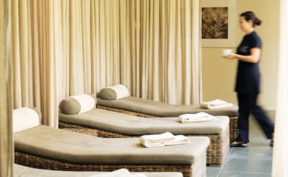 Inside the Vilalara thalasssa resort Longevity and medical spa showing spa beds set out in a row