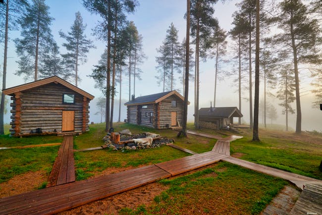 Arctic Retreat log cabins exteriors, set in the woods with wooden pathway to and from