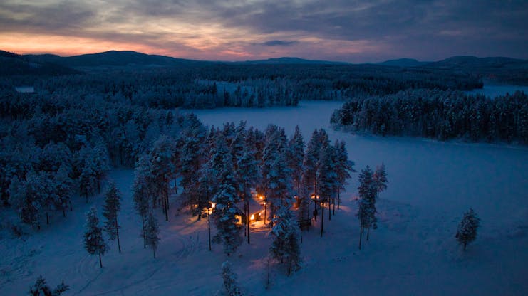 Arctic Retreat cabins in a snowy woodland at night