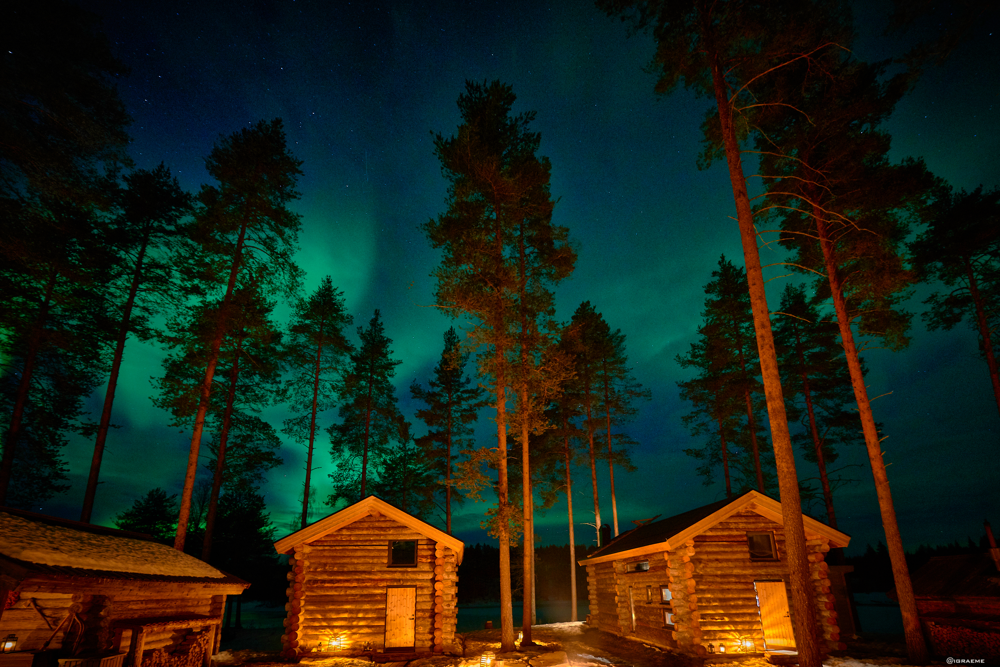 Arctic Retreat, northern lights over the cabins, tall pine trees