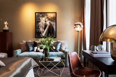 Hotel Lydmar Sweden medoum king room living area, velvet sofa, eclectic decor