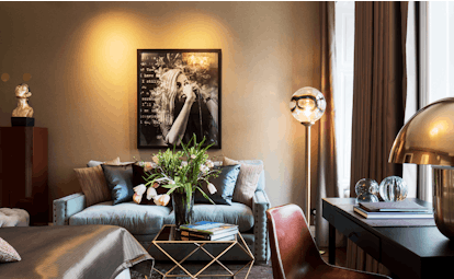 Hotel Lydmar Sweden medoum king room living area, velvet sofa, eclectic decor
