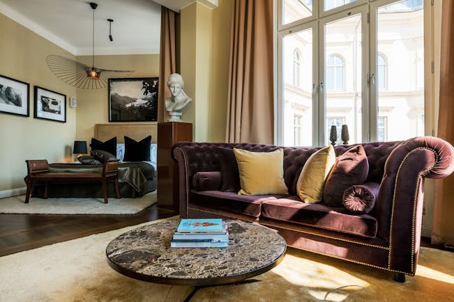 Hotel Lydmar medium king room, velvet sofa, bed, eclectic decor