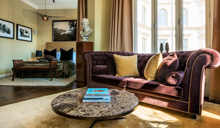 Hotel Lydmar medium king room, velvet sofa, bed, eclectic decor