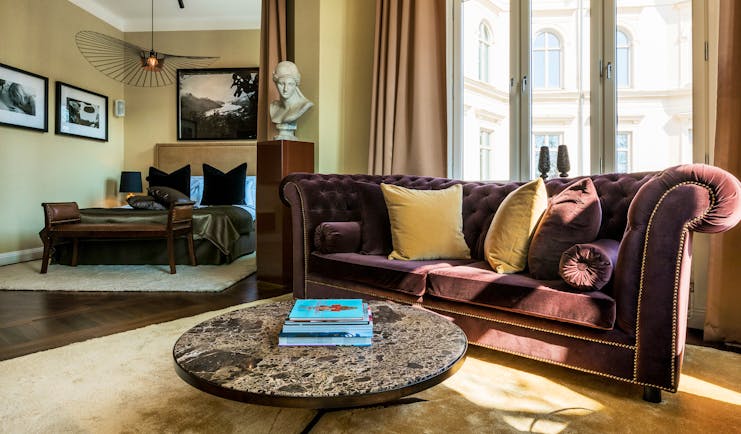 Hotel Lydmar medium king room, velvet sofa, bed, eclectic decor