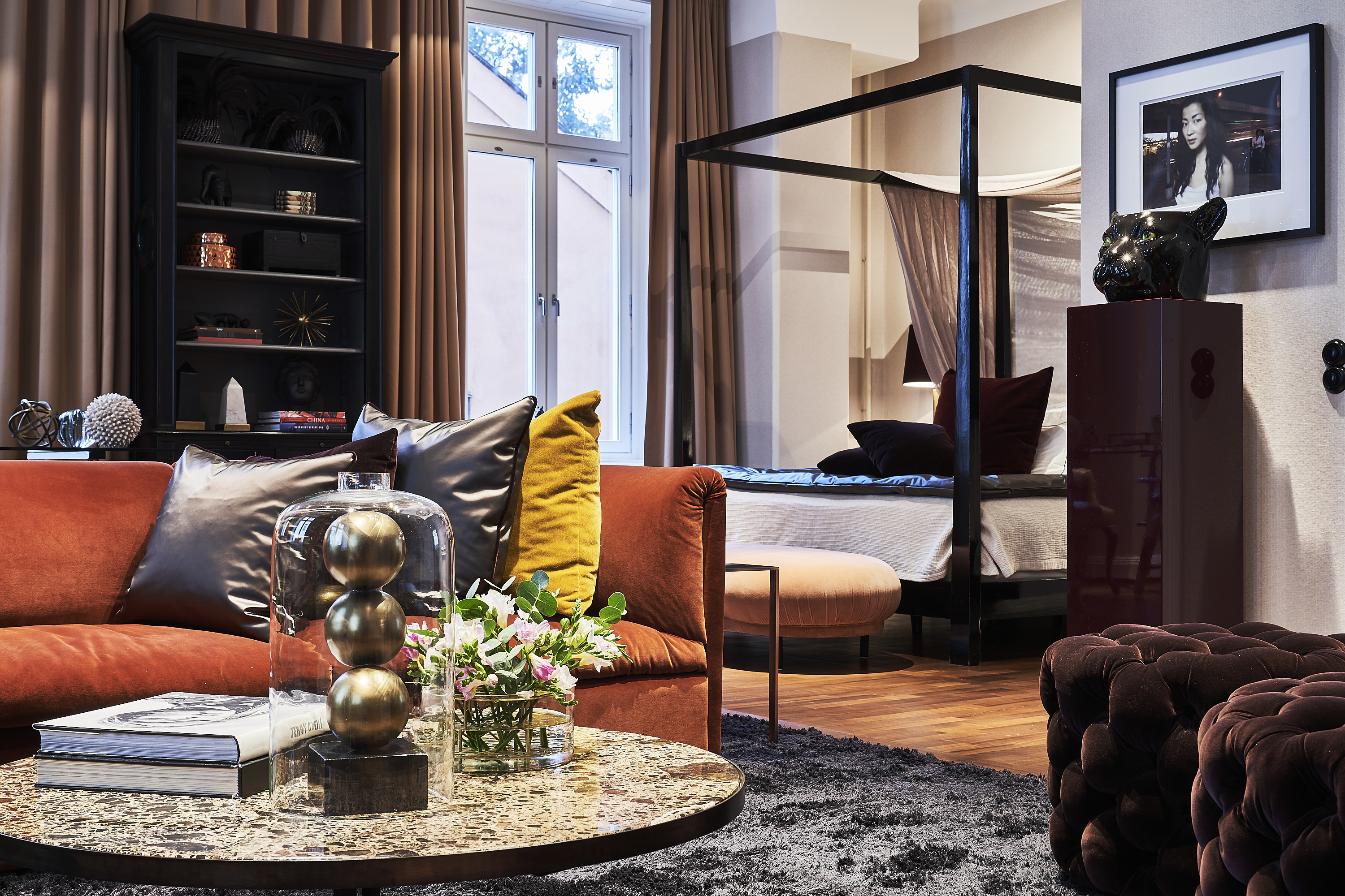 Hotel Lydmar street room, velvet sofa, modern four poster bed, eclectic decor 