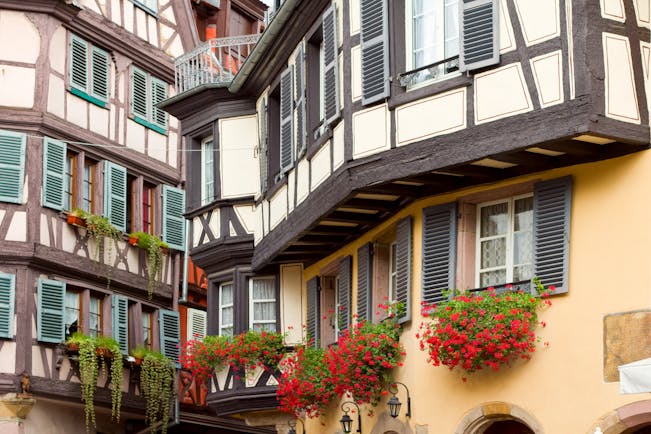 Half timbered houses with green wooden shutters in Colmar Alsace