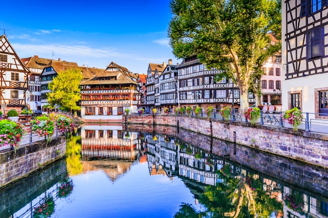 Canal with relfections of half timbered houses in Strasbourg la petite france