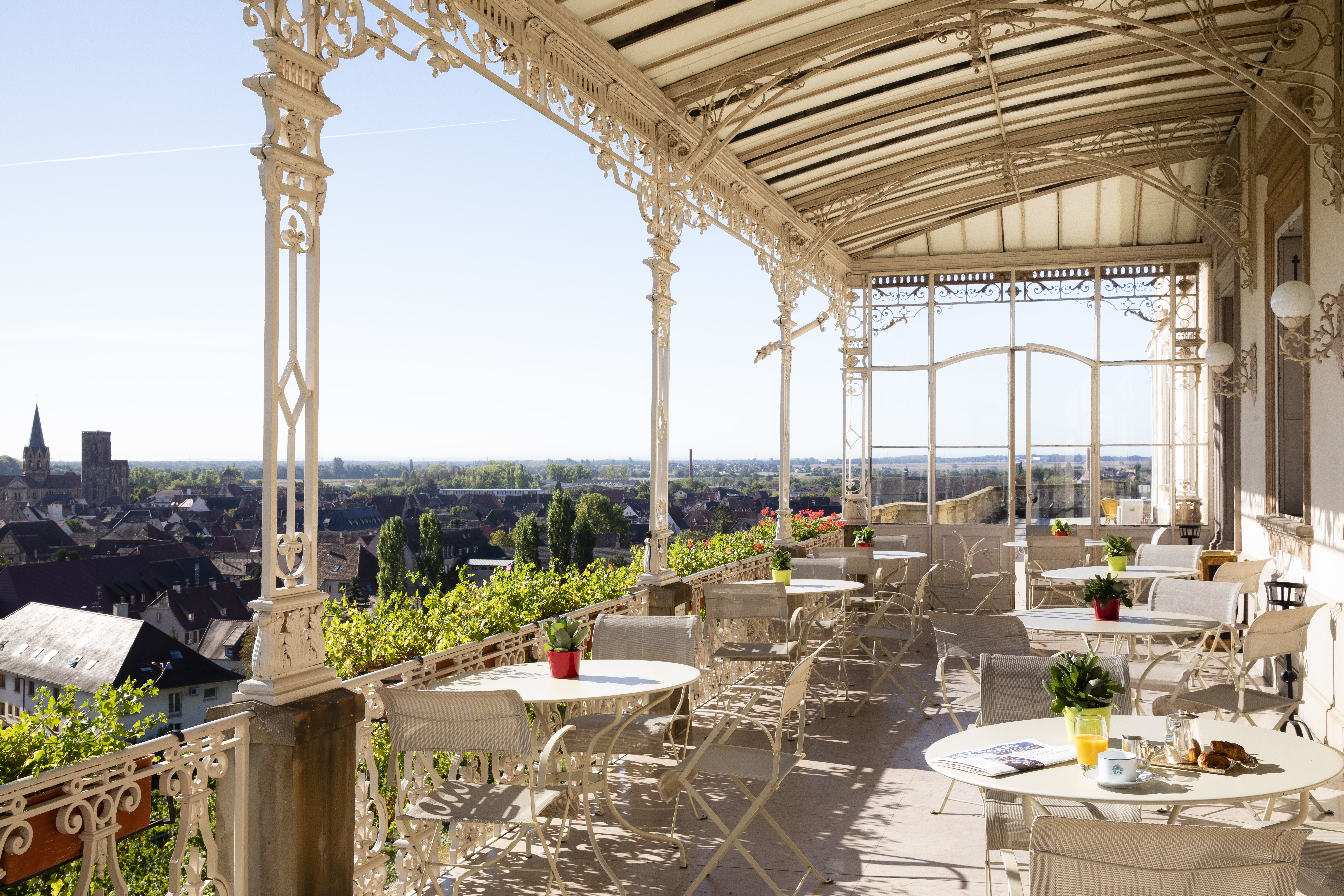 Chateau d'Isenbourg verandah with tables and view