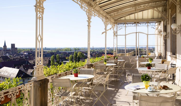 Chateau d'Isenbourg verandah with tables and view