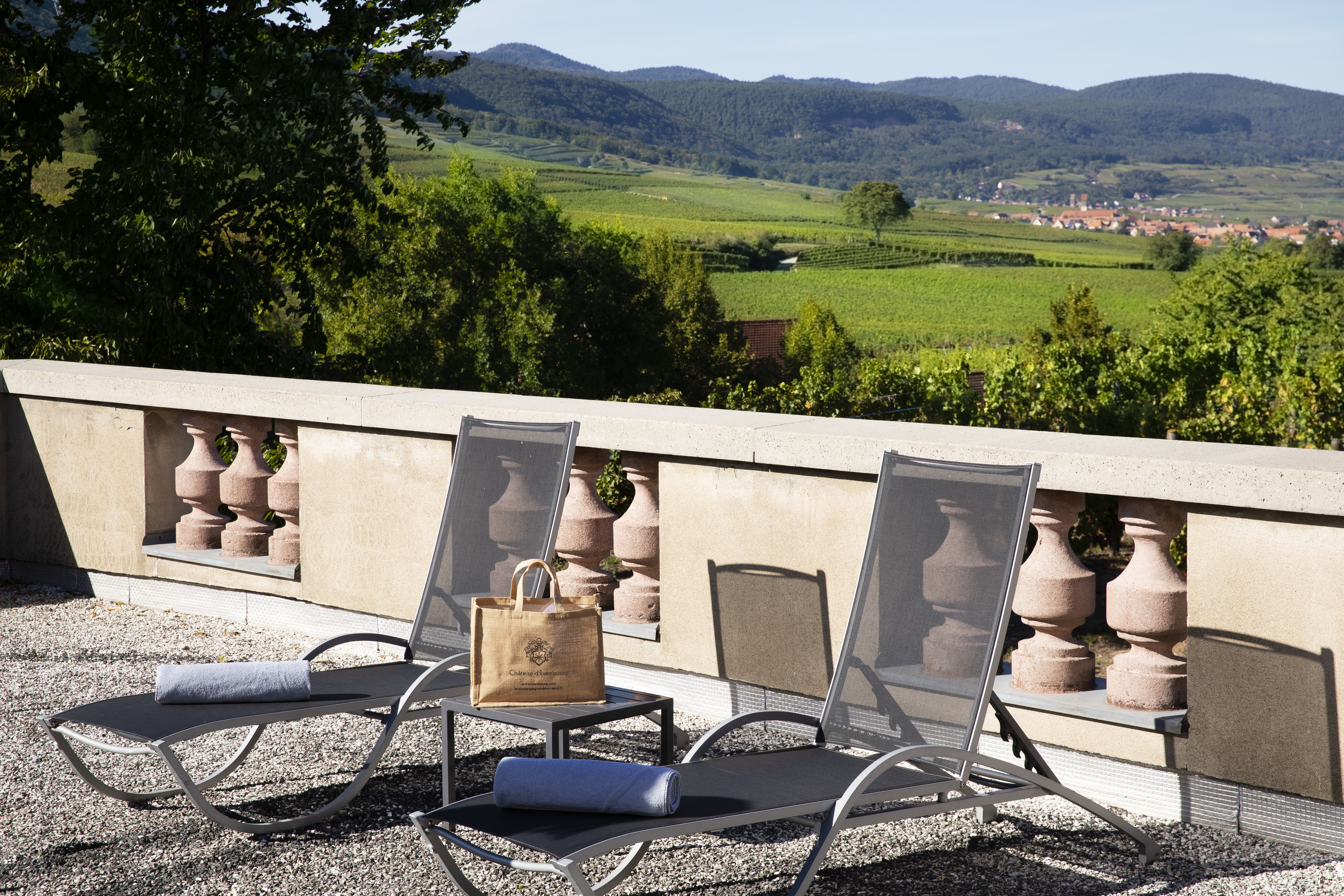 Chateau d'Isenbourg sun terrace with view of vines