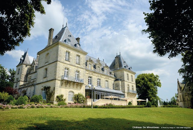 Chateau de Mirambeau hotel building, traditional chateau architecture, terrace, lawns