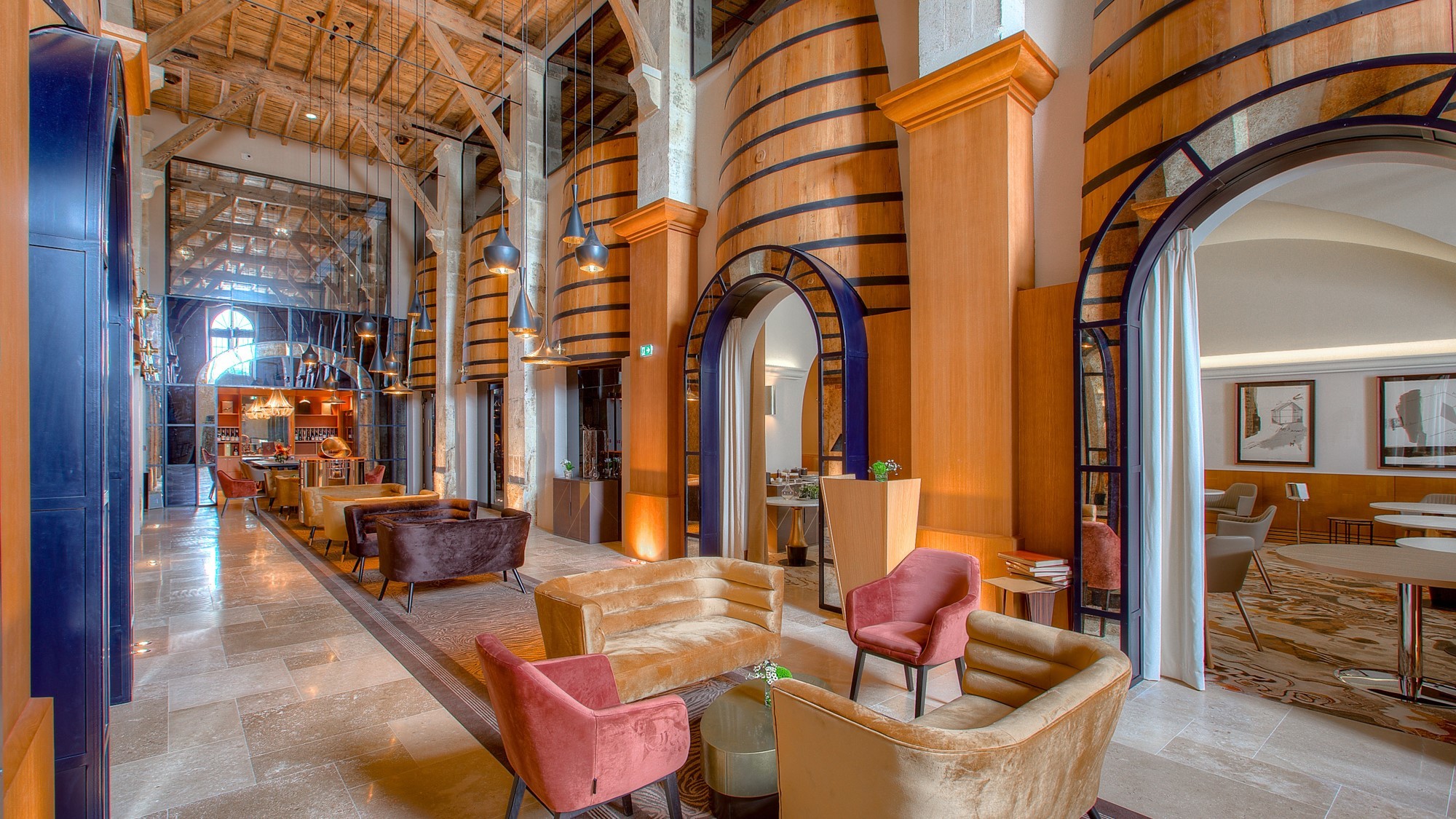 Fine dining restaurant amongst cognac barrels at Chais Monnet Cognac