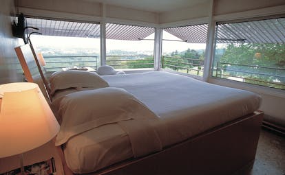 Le Saint James Bordeaux deluxe bedroom overlooking vineyard and field