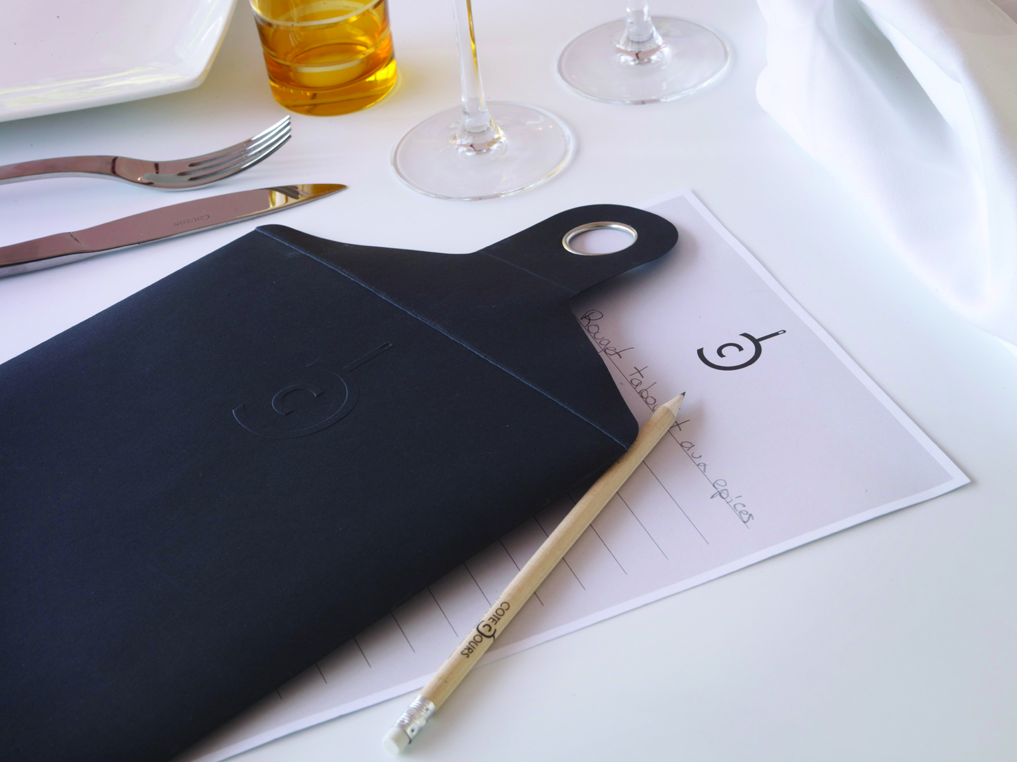 Board, menu and knife and fork for preparing a menu